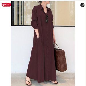 Original Solid Color Lapel Shirt Dress Wine Red 2XL